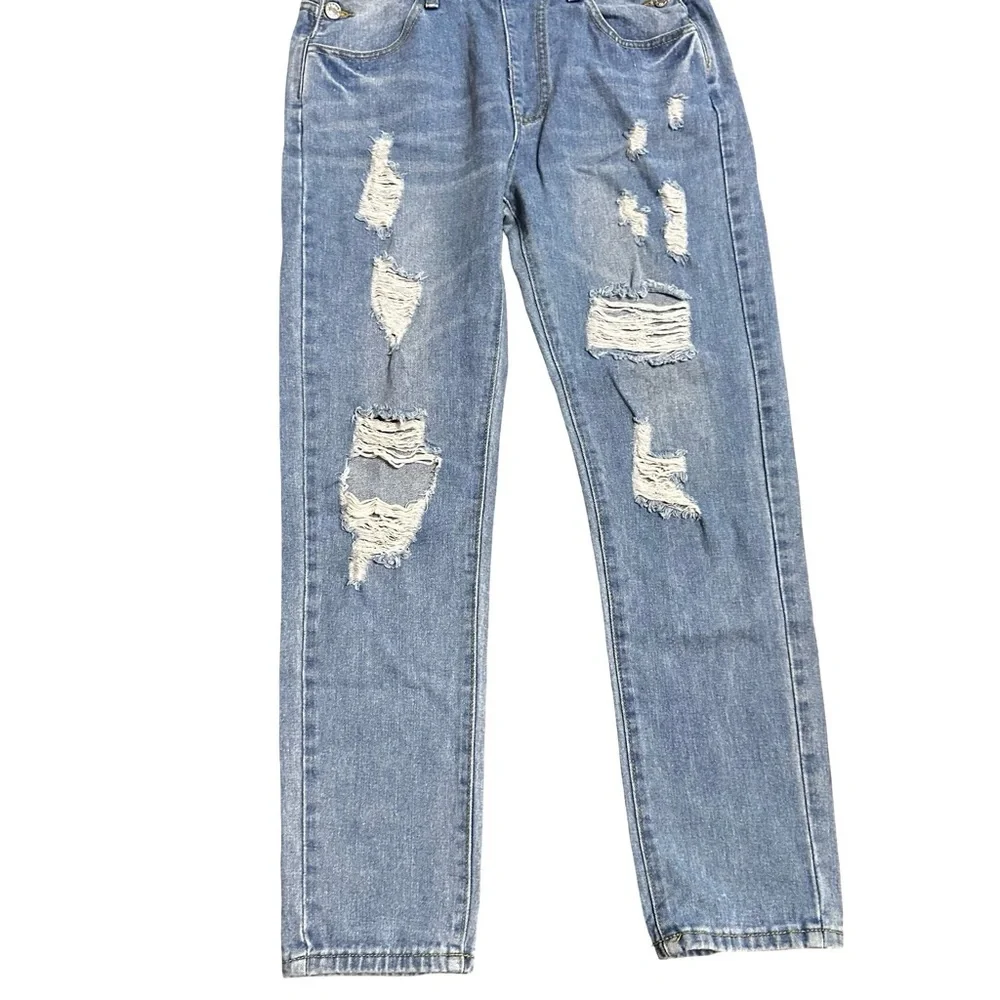 Blue Denim Overalls Bibs Size Small Cotton Blend Distressed Ripped Straight Leg